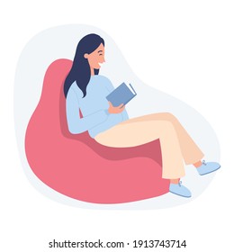 Girl sitting with book at home in a beanbag chair. Hobby, leisure and education idea. Flat vector illustration on a white background.