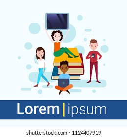 girl sitting booking stack hold tablet boy with gadgets template for design work and animation on white background full length flat copy space vector illustration
