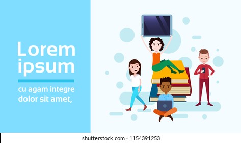 girl sitting booking stack hold tablet boy with gadgets template for design work and animation on white background full length flat horizontal copy space vector illustration girl sitting booking stack hold tablet boy with gadgets template for design work and animation on white background full length flat horizontal copy space vector illustration