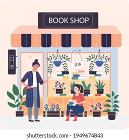 Girl sitting with books on background of bookstore. Businessman working in book shop with flowers