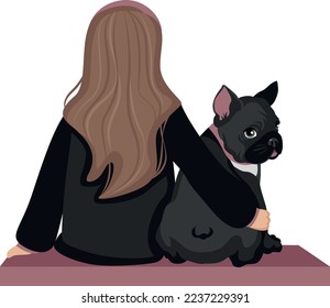 Girl sitting with a bulldog cuddling on the bench. Vector illustration