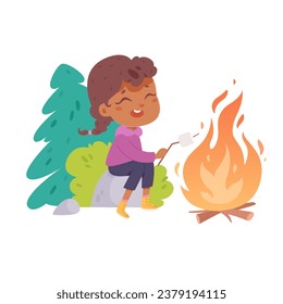 Girl sitting by the bonfire and making marshmallow. Children summer adventures in forest. Cartoon vector illustration isolated on white background.