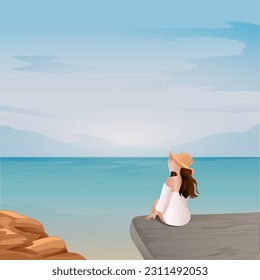 girl sitting by the sea Sit and look at the beautiful mountains and sky. Nature concept vector illustration, enjoy life