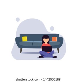 A girl sitting by the sofa works on the laptop. Vector flat illustration.template, cartoon style