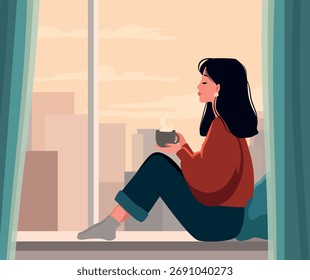 Ein Mädchen sitzt am Fenster