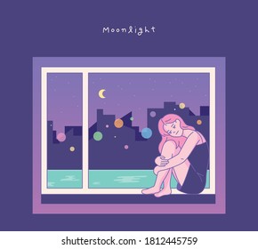 A girl is sitting by the window, hugging her legs. City night scenery outside the window.