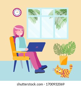 A girl is sitting by the window on an armchair with a computer on her lap. Work at home. Distance learning. Quarantine freelancer coronovirus. Flat style vector.