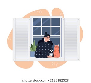 Niña sentada por la ventana. Mujer con gato mira por la ventana. Cuarentena y autoaislamiento. Día de primavera o verano, descanse en casa, día libre. Jardín y fachada de construcción. Dibujo vectorial plano de dibujos animados