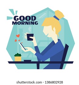 Girl is sitting in a cafe, drinking coffee and writing message by mobile phone. Vector illustration of young woman with gadget. Scene good morning in a cafe by the window. Social likes