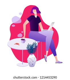 A girl sitting at cafe working on laptop. vector illustrations. character design. freelancer, blogging concept, creating content, chatting online, can use for web page, template, mobile app