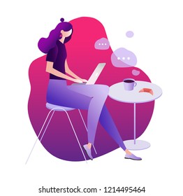 A girl sitting at cafe working on laptop. vector illustrations. character design. freelancer, blogging concept, creating content, chatting online, can use for web page, template, mobile app