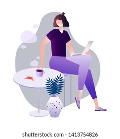 A girl sitting at cafe working on laptop. vector illustrations. character design. freelancer, blogging concept, creating content, chatting online, can use for web page, template, mobile app