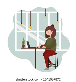 A girl sitting at cafe working on laptop. illustrations. freelancer, blogging concept, creating content, chatting online,