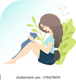 Girl sitting with cat in her arms. Best friends.
Adorable pet owner with cute domestic animal. friendship between female and kitty. brunette plays with a cat