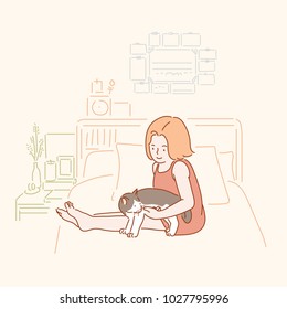 A girl sitting with a cat on a bed. hand drawn style vector doodle design illustrations. A girl sitting with a cat on a bed. hand drawn style vector doodle design illustrations.