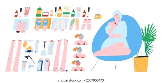 The girl is sitting in a chair in a bathrobe and with a towel on her hair. Body treatments. Hair removal, manicure and pedicure. Flat vector illustration