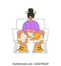 The girl is sitting in a chair. Character Trendy retro style.