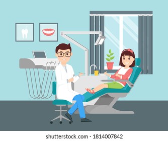 A girl is sitting in a chair at a dentist appointment and her thumbs up. Male doctor holding instruments.Concept of a dental office. Cute characters people are smiling. Flat vector illustration