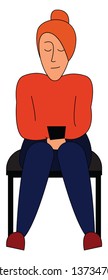 Uma menina sentada em uma cadeira fechou os olhos e está relaxando Ela está vestida em top marrom e calça azul e também usa um chapéu de turbante de lã em sua cabeça desenho ou ilustração de cor vetorial 