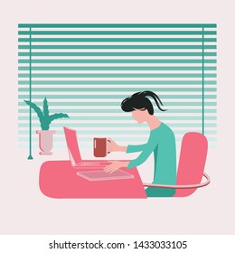 A girl is sitting in a chair at her desk, with a cup in her hand, working behind a laptop - blinds, a pot of flowers - vector. Minimalism. Flat style.
