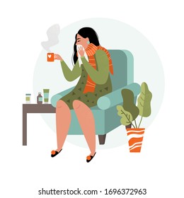 The girl is sitting in a chair with a hot drink and medicine. The concept of self-medication. Vector illustration