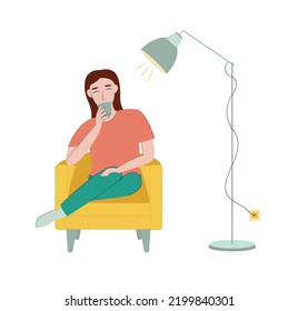 A girl is sitting in a chair. a lamp is next to her. a girl is drinking from a cup. vector illustration