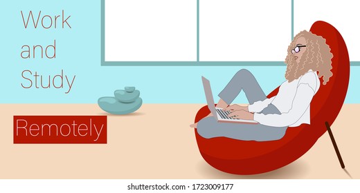 
Girl sitting in a chair with a laptop. Remote work from a laptop. 