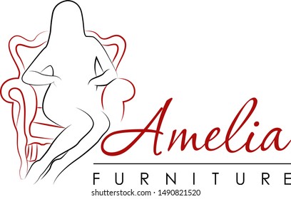 Girl sitting in a chair. The name of the company "Amelia furniture", logo template in a minimalist style, perfect for furniture stores.