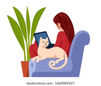 girl is sitting in a chair or on a sofa with a laptop, a beautiful white cat is sitting next to armrest