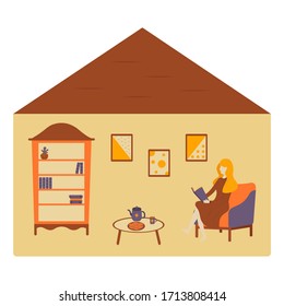 Girl is sitting in a chair and reading a book. Bookcase with shelves. Cactus in a pot. A table with a mug of coffee and cookies. Three paintings hang on the wall. A cozy house.Flat vector illustration