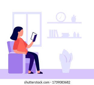Girl is sitting in chair and reading book. Learning, relaxing with book. Reading at home by window. Woman with book. Vector flat illustration