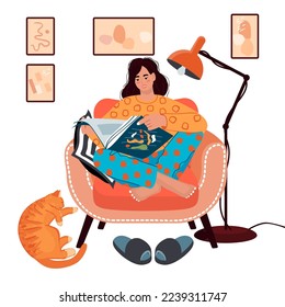 Girl sitting in chair and reading interesting book  in a homely cozy atmosphere.Woman in armchair, sleeping ginger cat, slippers, lamp and wall decorations.Flat style cartoon isolated illustration.