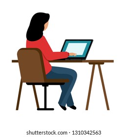 Girl sitting in a chair at the table. A young woman working in the office at the computer. Vector illustration, character in flat style