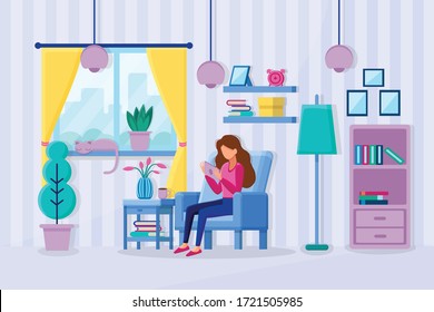 The girl is sitting in a chair with a tablet. Freelancer, Remote work. Home office. Vector illustration.