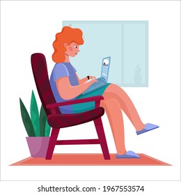 a girl sitting in a chair is working on a laptop. remote work, freelance