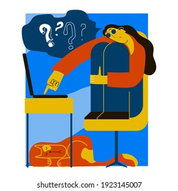 The girl is sitting at the computer and aimlessly pokes her finger into the keyboard. Concept of creative crisis, search for ideas. Vector flat illustration, futurism, blue-orange color