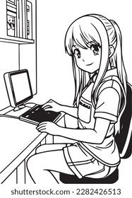 The girl is sitting at the computer. Anime coloring book for teenagers