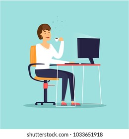 Girl is sitting at a computer drinking coffee. Business characters. Workplace. Office life. Flat design vector illustration.