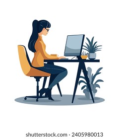 The girl is sitting at the computer. A flat image. Work in the office. A woman works in an office