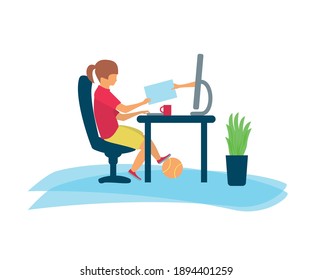 The girl is sitting at the computer. A hand comes out of the monitor. Distance learning or online school. Video conference.