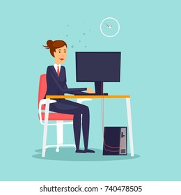 Chica sentada en la computadora, oficina, trabajo. Ilustración vectorial de diseño plano.