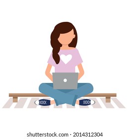 A girl is sitting at a computer on a bench, a vector illustration in a flat style