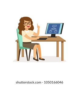 Girl sitting at computer, pupil of elementary school at informatics lesson at school vector Illustration on a white background