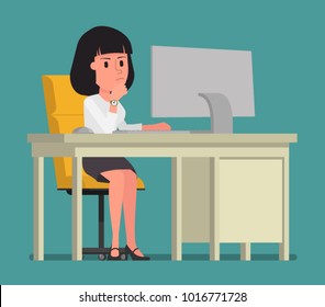 A girl sitting at a computer thinks about solving a problem. Vector illustration. Suitable for animation (individual segments)