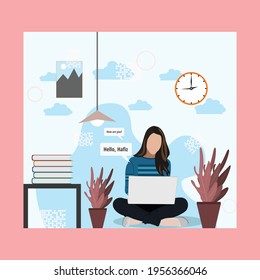 A girl sitting with computer vector illustration. Simple and modern Illustration with a beautiful background. 