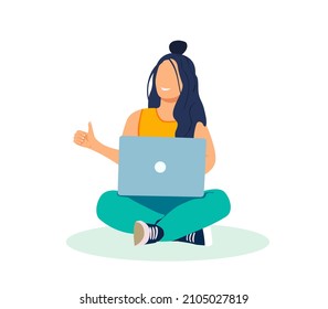 Girl sitting crossed legs with laptop and thumbs up. Vector illustration in flat cartoon style