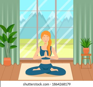 Girl sitting crossed legs in room, practicing yoga and meditation, vector illustration