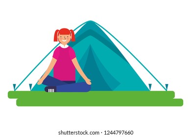 girl sitting crossed legs with tent camping