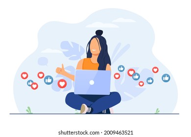 Girl sitting with crossed legs using a laptop. Social network, hearts and thumbs up for web site concept vector illustration. Woman using a laptop.