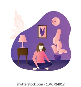 Girl sitting cross-legged in her room or apartment. Flat cartoon isolated on white background